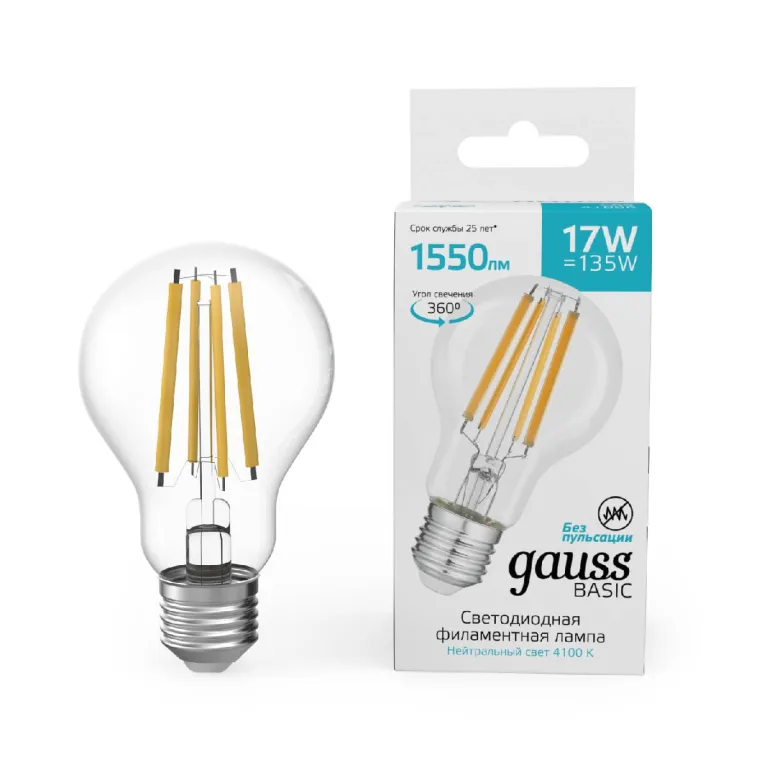 Светодиодная филаментная лампа Gauss Basic Filament E27 17W 4100K 10212272 в Нижнем Новгороде