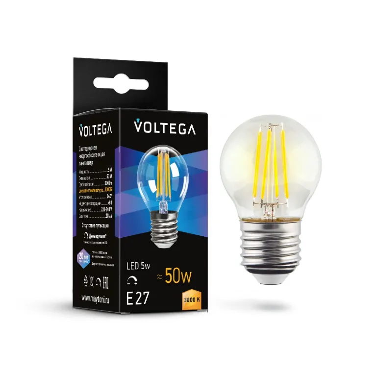 Лампа светодиодная филаментная Voltega E27 5W 3000K шар прозрачный 7202 в Нижнем Новгороде