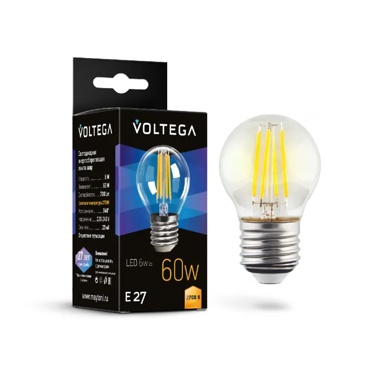 Лампа светодиодная филаментная Voltega E27 6W 2700K шар прозрачный 7214 в Нижнем Новгороде