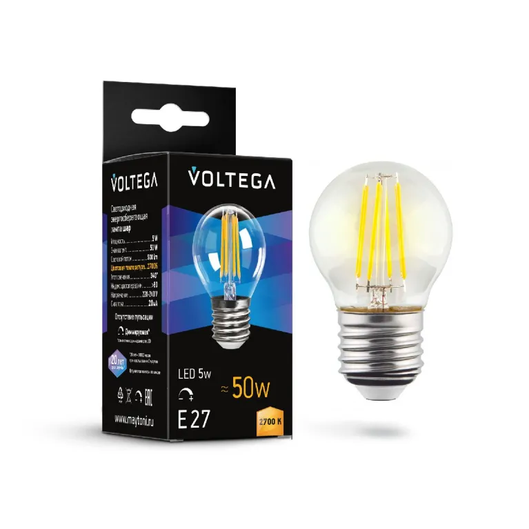 Лампа светодиодная филаментная Voltega E27 5W 2700K шар прозрачный 7201 в Нижнем Новгороде