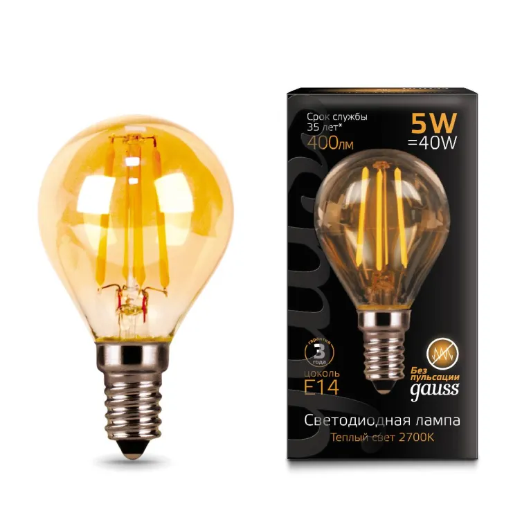 Лампа светодиодная филаментная Gauss E14 5W 2700К золотая 105801005 в Нижнем Новгороде