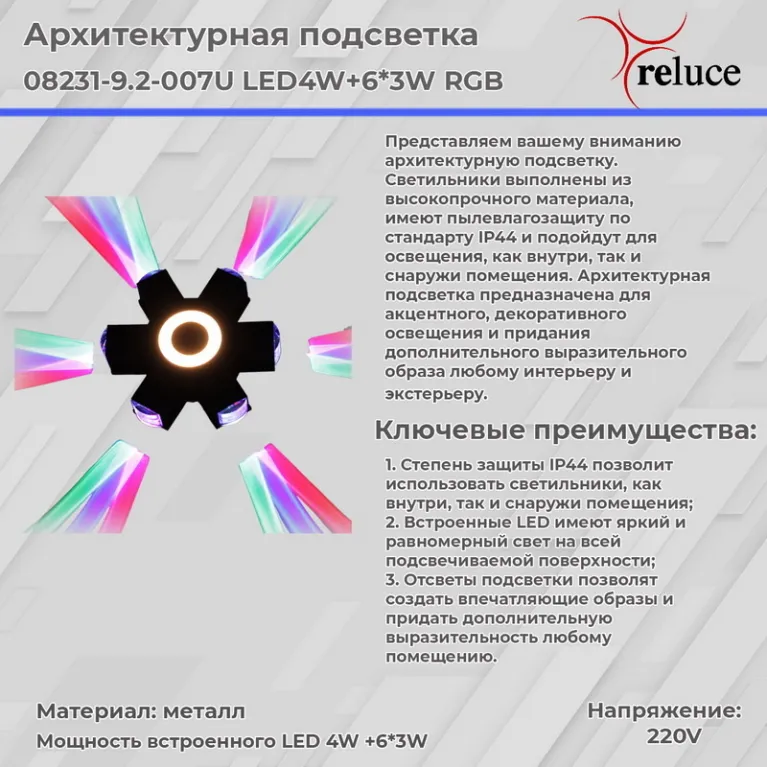 Архитектурный светильник Reluce 08231-9.2-007U LED4W+6*3W RGB BK в Нижнем Новгороде