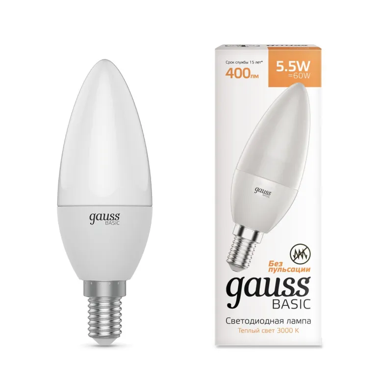 Лампа светодиодная Gauss Basic E14 5,5W 3000K Свеча белая (3 шт.) 1033116K в Нижнем Новгороде