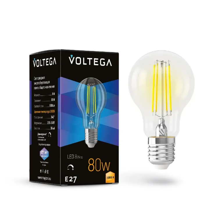 Лампа светодиодная филаментная Voltega E27 8W 3000K груша прозрачная 7229 в Нижнем Новгороде