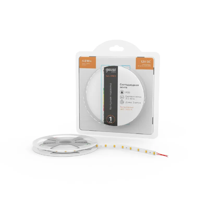 Светодиодная лента Gauss 12В 2835 4,8Вт/м 3000K 3м IP20 BT002 в Нижнем Новгороде