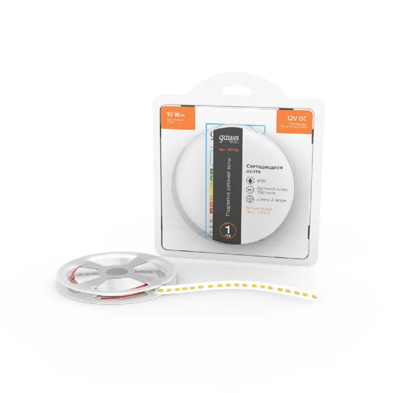 Светодиодная лента Gauss 12В 2835 10Вт/м 3000K 2м IP20 BT035 в Нижнем Новгороде