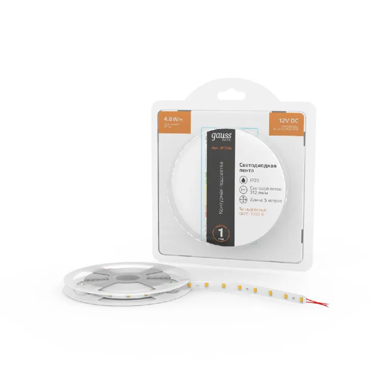 Светодиодная лента Gauss 12В 2835 4,8Вт/м 3000K 5м IP20 BT005 в Нижнем Новгороде