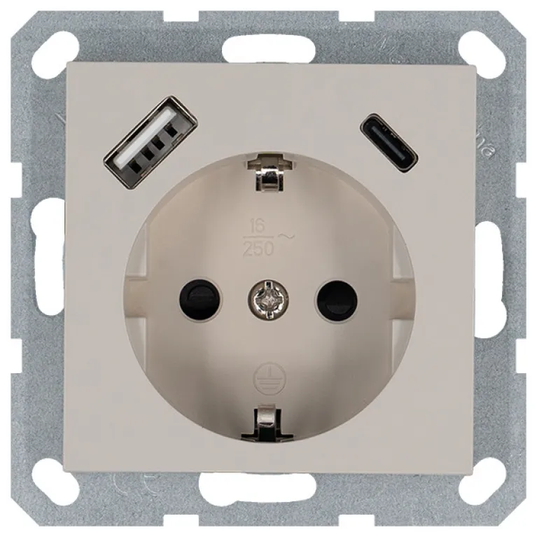 Розетка SHUKO с USB A+C с защитными шторками 16A 250V 2P+T USB 25W, цвет Тауп Jasmart G5501USB-25T в Нижнем Новгороде