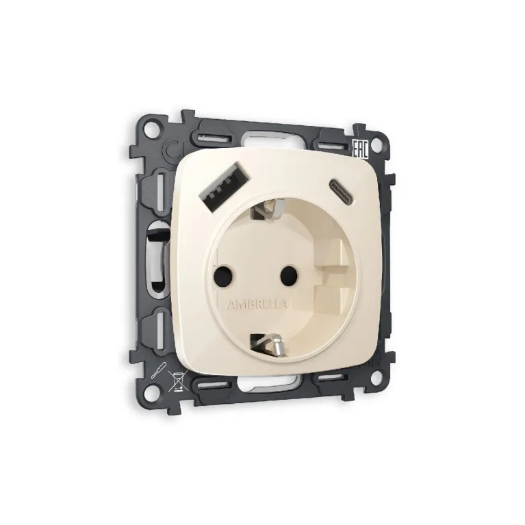 Комплект механизма розетки 2USB A+C 20W (быстрая зарядка) с/з Ambrella Volt Omega MO310010 в Нижнем Новгороде