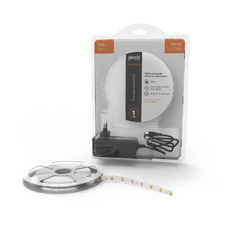 Светодиодная лента Gauss 12В 2835 6Вт/м 3000K 5м IP65 BT013 в Нижнем Новгороде