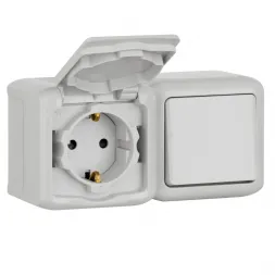Блок выключатель одноклавишный и розетка 2К+З Legrand Quteo 16A 250V с/з со шторками крышкой IP44 се