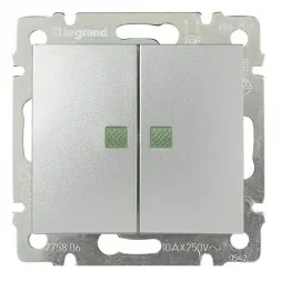 Переключатель двухклавишный на 2 направления Legrand Valena 10A 250V с подсветкой алюминий 770212