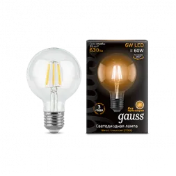 Лампа светодиодная филаментная Gauss E27 6W 2700K прозрачная 105802106