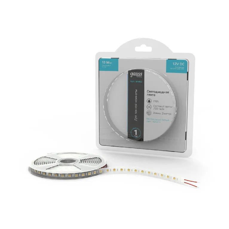 Светодиодная лента Gauss Basic 12В 5050 10Вт/м 4000K 3м IP65 BT052 в Нижнем Новгороде