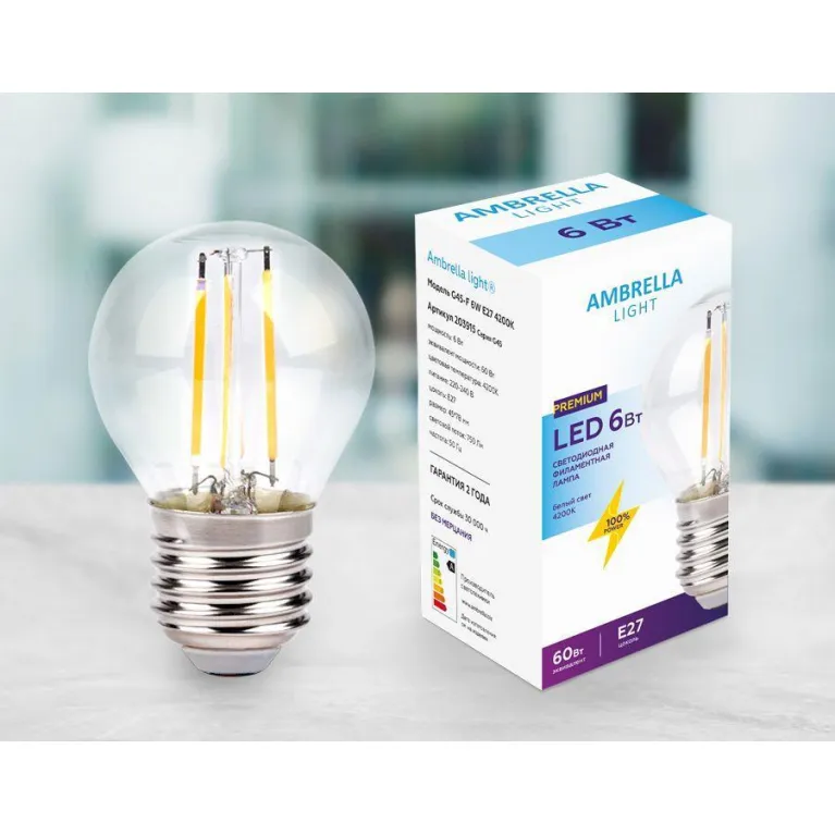 Лампа светодиодная филаментная Ambrella light E27 6W 4200K прозрачная 203915 в Нижнем Новгороде