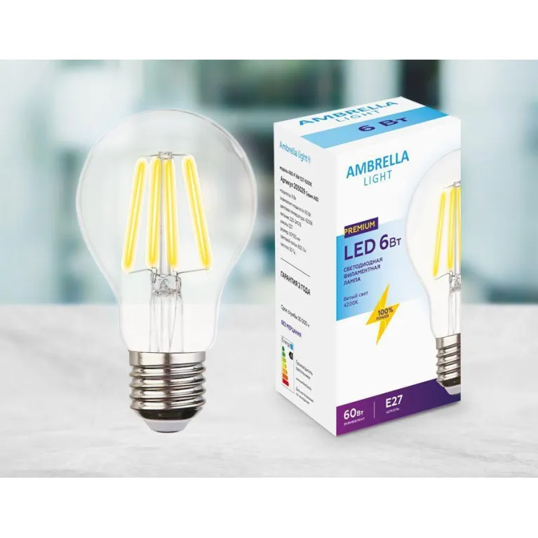 Лампа светодиодная филаментная Ambrella light E27 6W 4200K прозрачная 205029 в Нижнем Новгороде