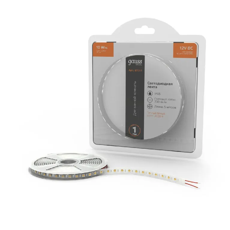 Светодиодная лента Gauss Basic 12В 5050 10Вт/м 3000K 5м IP65 BT051 в Нижнем Новгороде