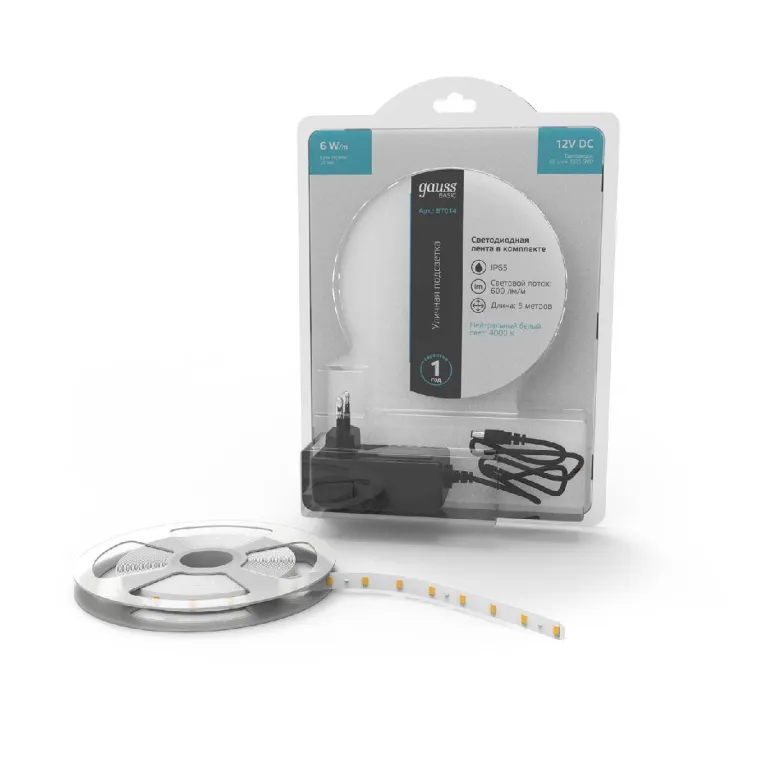 Светодиодная лента Gauss Basic 12В 2835 6Вт/м 4000K 5м IP65 BT014 в Нижнем Новгороде