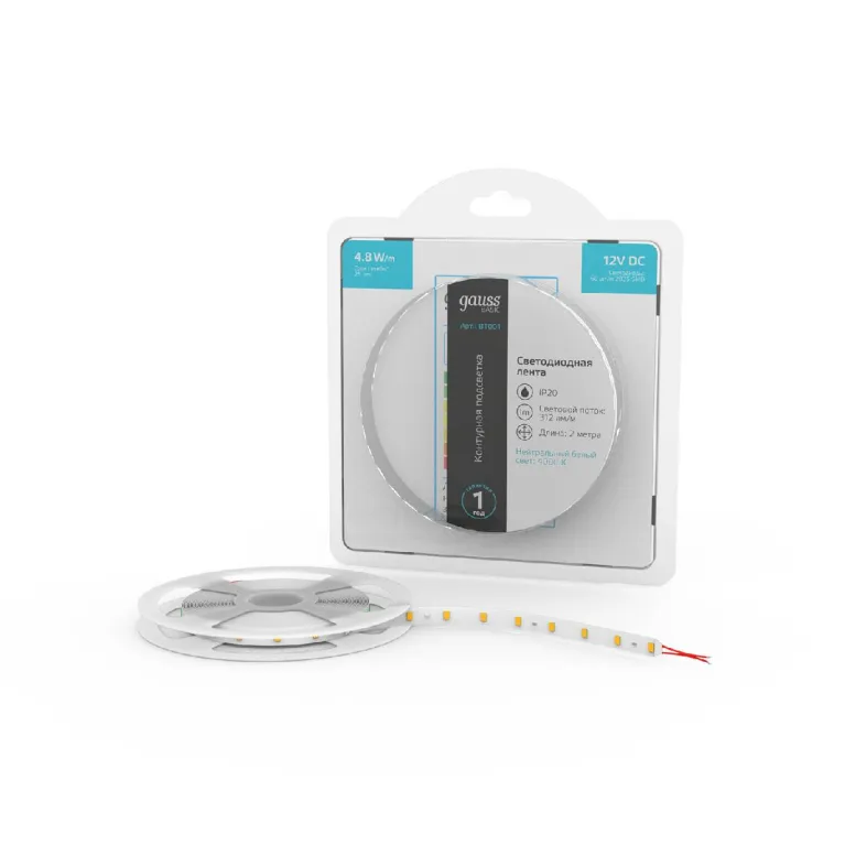 Светодиодная лента Gauss Basic 12В 2835 4,8Вт/м 4000K 2м IP20 BT001 в Нижнем Новгороде