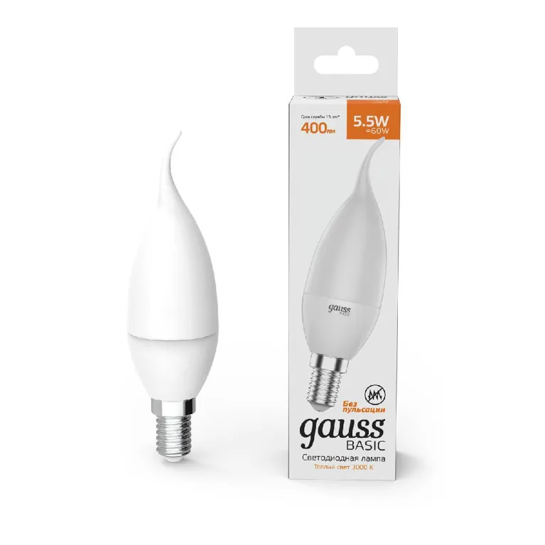 Лампа светодиодная Gauss E14 5,5W 3000К свеча на ветру матовая 1034116 в Нижнем Новгороде