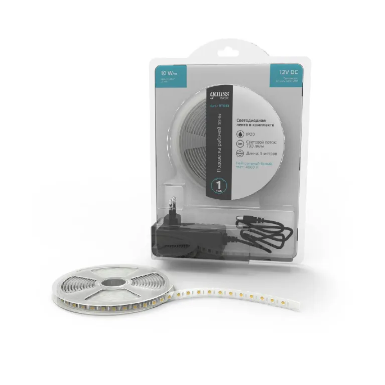 Светодиодная лента Gauss Basic 12В 5050 10Вт/м 4000K 5м IP20 BT043 в Нижнем Новгороде
