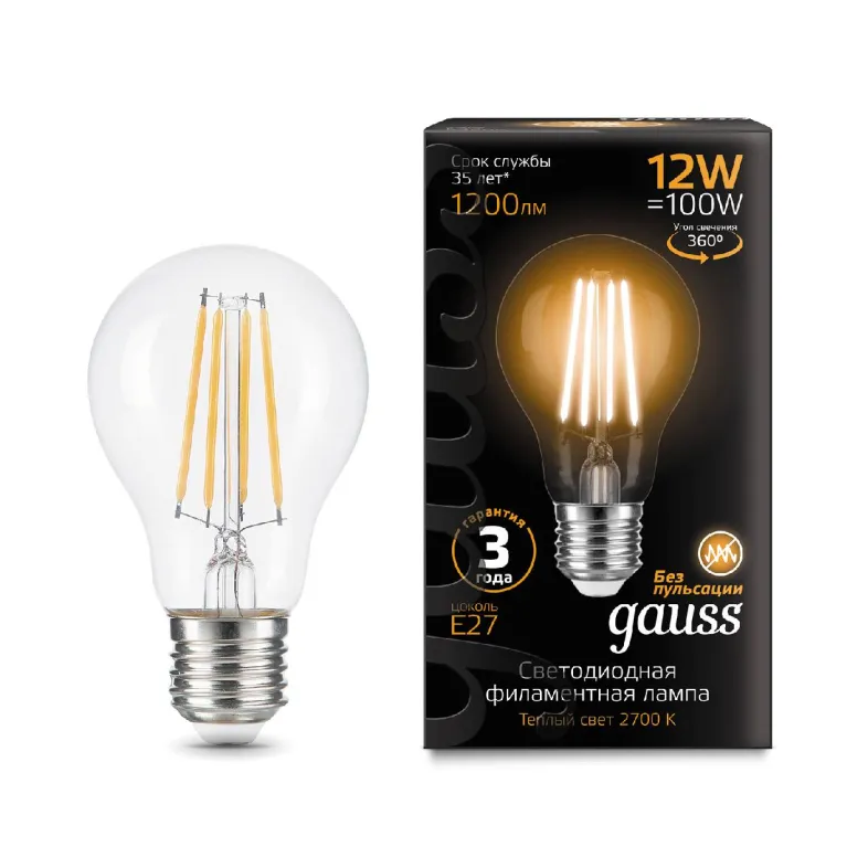 Лампа светодиодная филаментная Gauss E27 12W 2700K груша прозрачная 102902112 в Нижнем Новгороде
