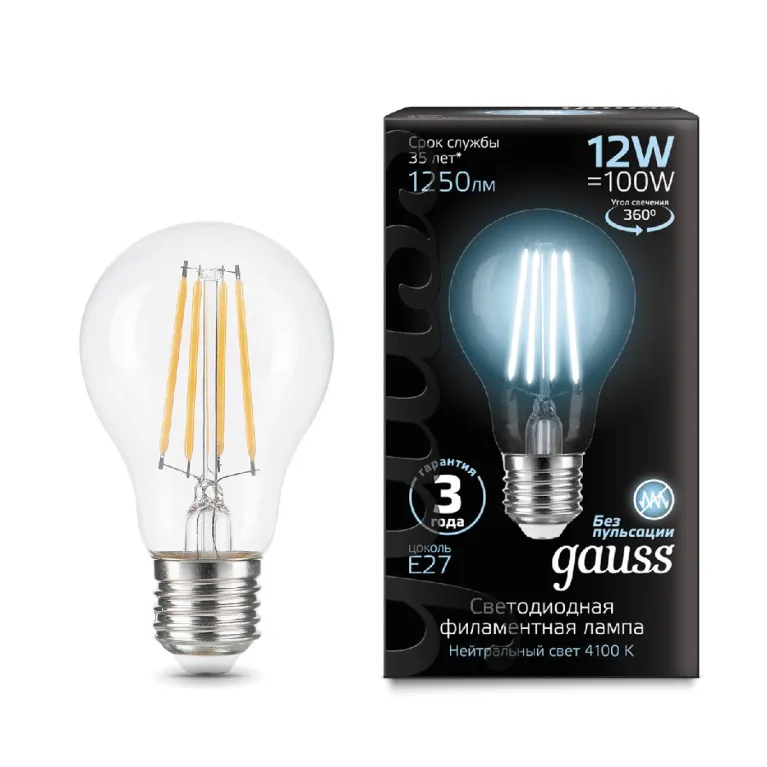 Лампа светодиодная филаментная Gauss E27 12W 4100K груша прозрачная 102902212 в Нижнем Новгороде