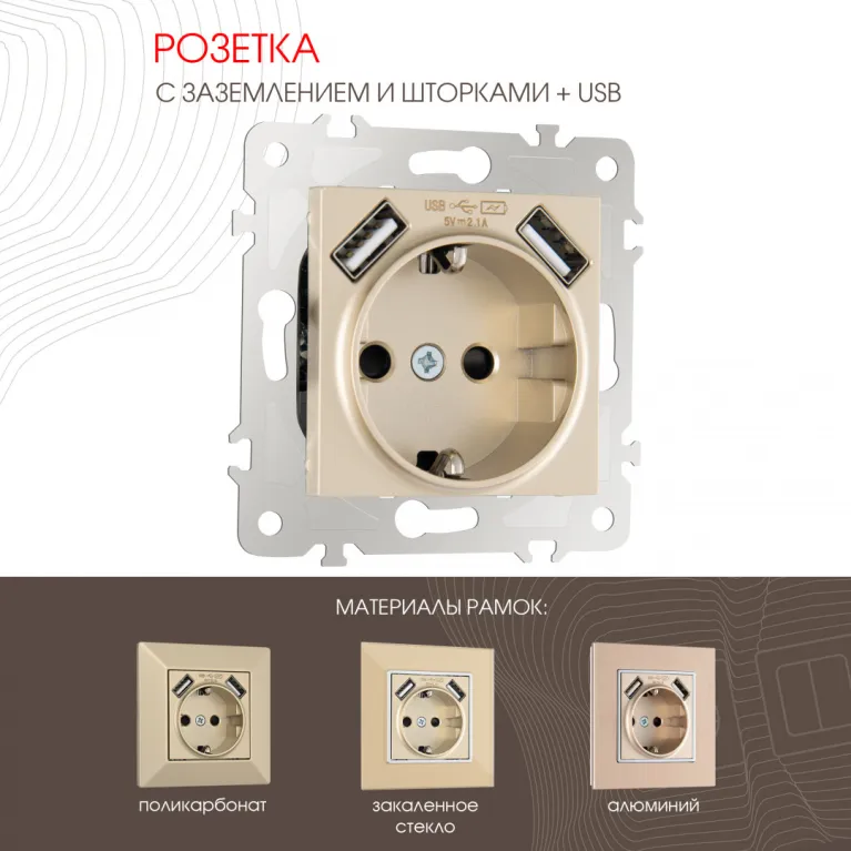Розетка с заземлением, шторками + USB Arte Milano 203.47-1.shampan в Нижнем Новгороде