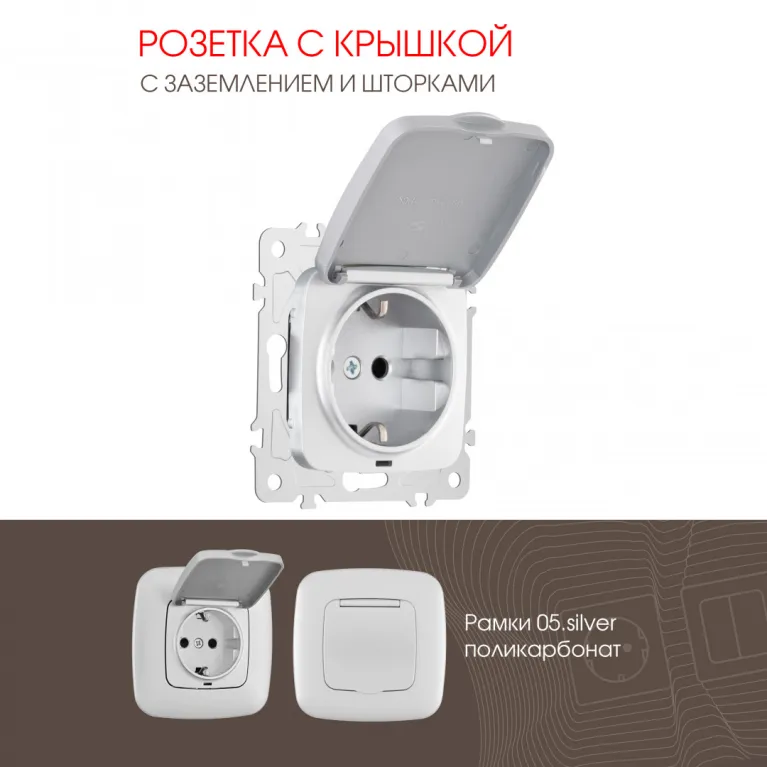 Розетка с заземлением, шторками и защитной крышкой Arte Milano 205.41-1.silver в Нижнем Новгороде