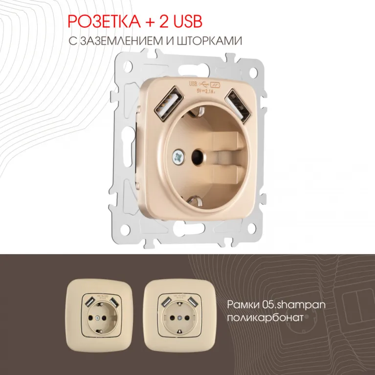Розетка с заземлением, шторками + 2 USB Arte Milano 205.47-1.shampan в Нижнем Новгороде