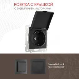 Розетка с заземлением, шторками и защитной крышкой Arte Milano 206.41-1.black